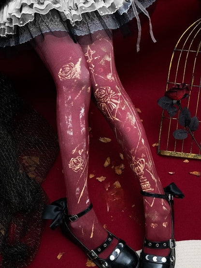 White/Blue/Red Floral Print Gothic Asymmetrical Design Tights