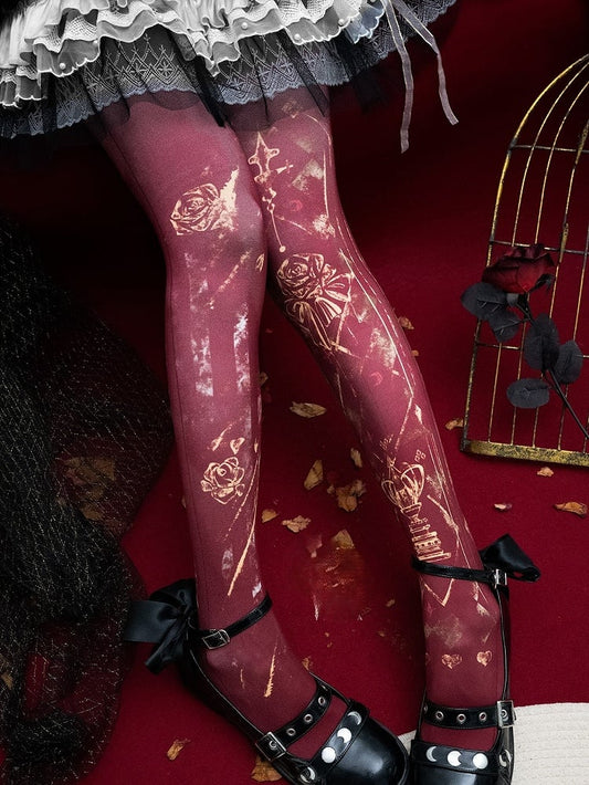 White/Blue/Red Floral Print Gothic Asymmetrical Design Tights