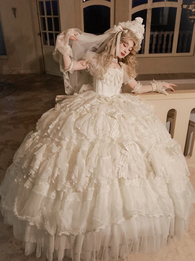 Gorgeous Hanayome Lolita Creamy White Bow Accents Wedding Dress / Full Set