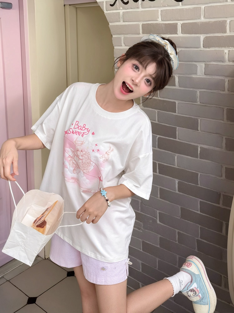 Sweet Pink Bunny Print White Round Neck Loose T-shirt