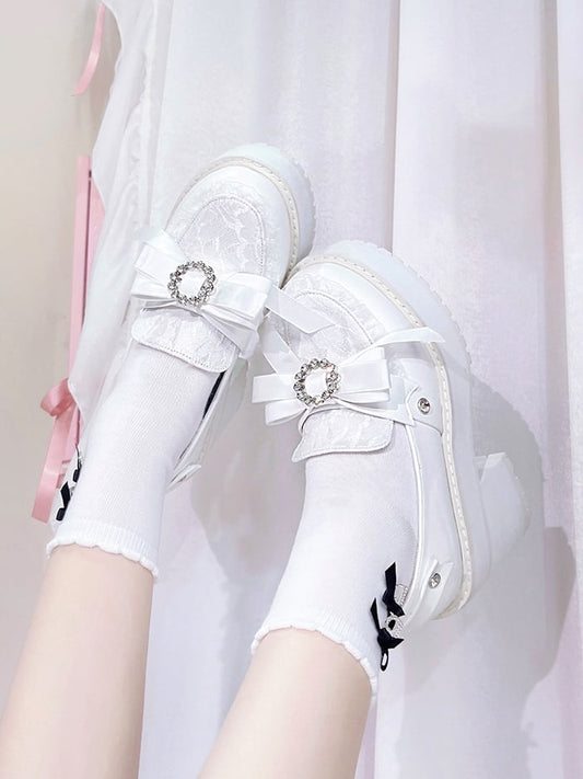 Matte White Rhinestones Bow Accents Jirai Kei Platform Loafers