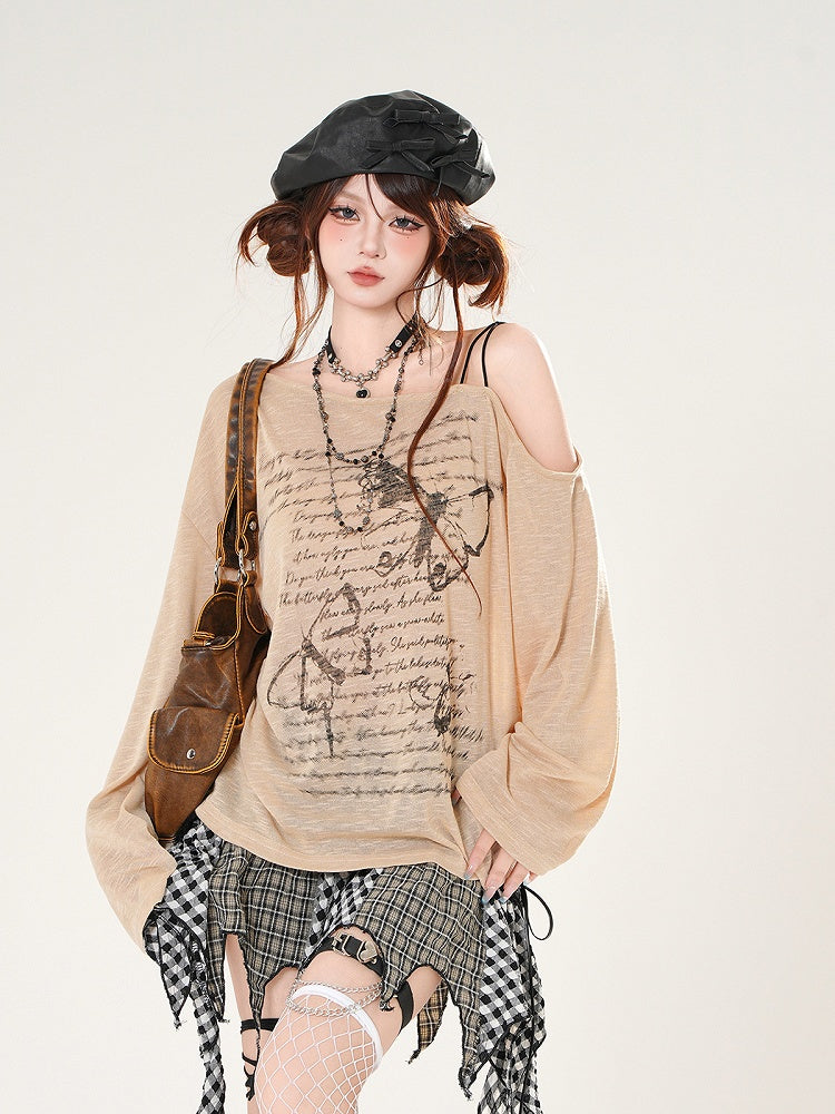 Butterfly Print Asymmetrical Neckline Khaki/White Semi-sheer Coverup