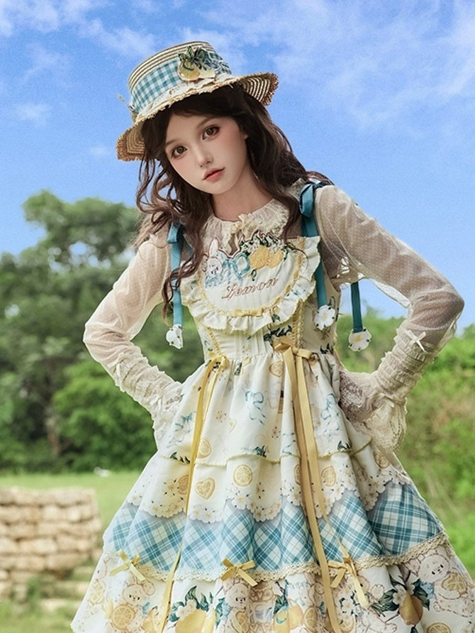 Blue Gingham Lolita Straw Hat with Lace and Lemon Decoration