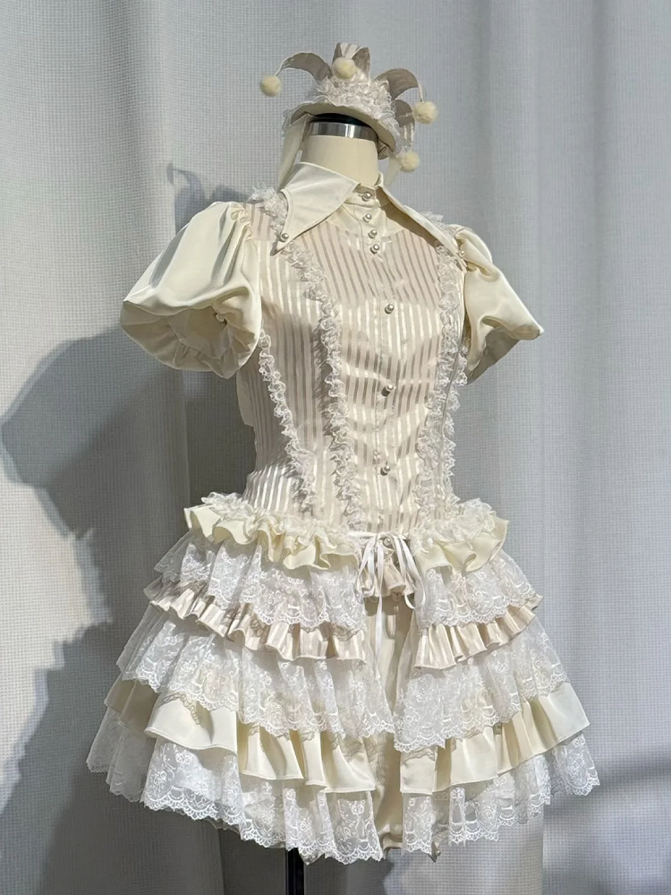 Circus Clown Vibes Ouji Lolita Outfit - Apricot Pointed Collar Shirt + Bloomer Shorts + Garters
