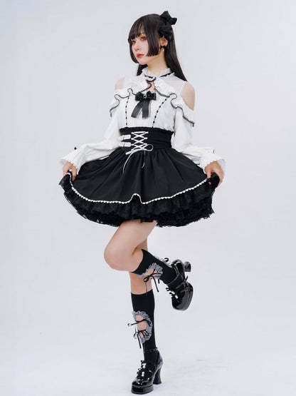 Jirai Kei Buckles and Lace-up High Waist Black Skirt US Size