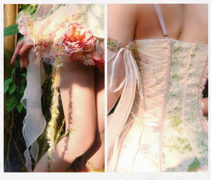 Forest Fairy Goth Pink and Green Boned Corset + Tulle Overlay + Floral Petticoat + Sleeves