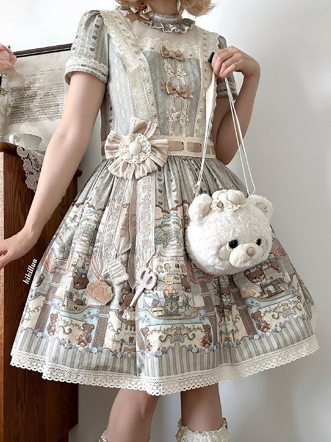 Brown/Pink/White Plush Teddy Bear Face Lolita Crossbody Bag