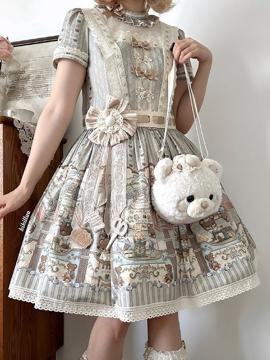 Brown/Pink/White Plush Teddy Bear Face Lolita Crossbody Bag