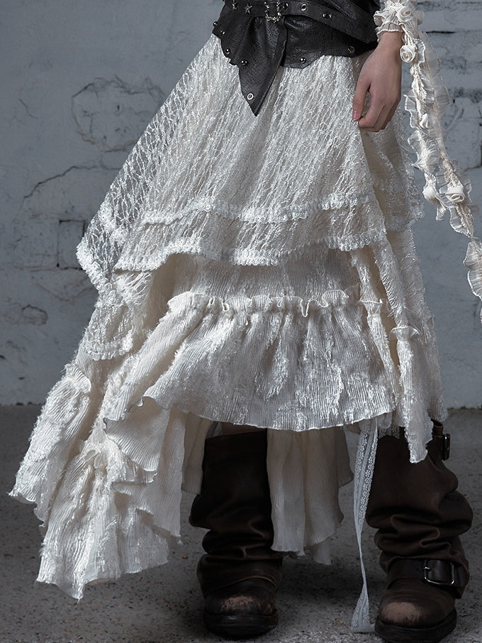 White Wasteland Punk Star Studs PU Waistline Asymmetrical Flounce Hem Skirt