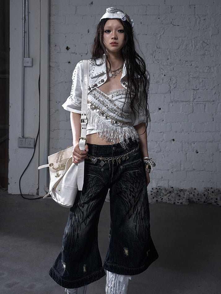 Blue/Yellow Faded Wash Distressed Holes Angel Wing Embroidery Vintage Punk Wide-leg Jeans