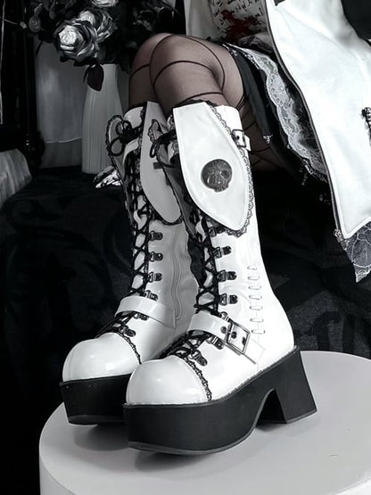 Bad Bunny Lace Trim Bunny Ears Design Punk White PU Gothic Platform Boots