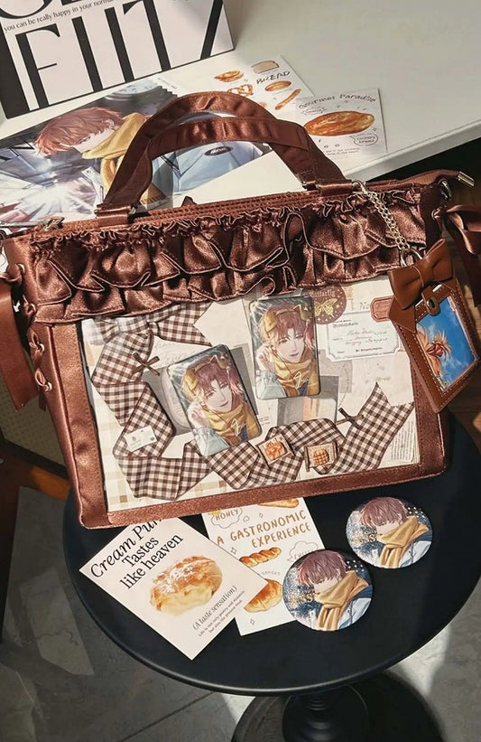 Brown Satin Ruffle Trims Self-tie Straps Ita Bag With Bow Card Holder