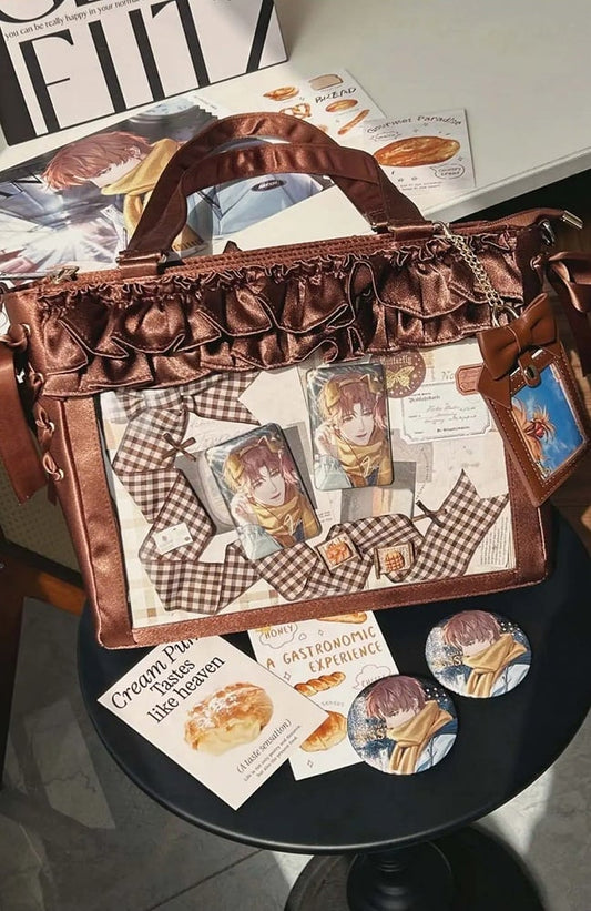 Brown Satin Ruffle Trims Self-tie Straps Ita Bag With Bow Card Holder
