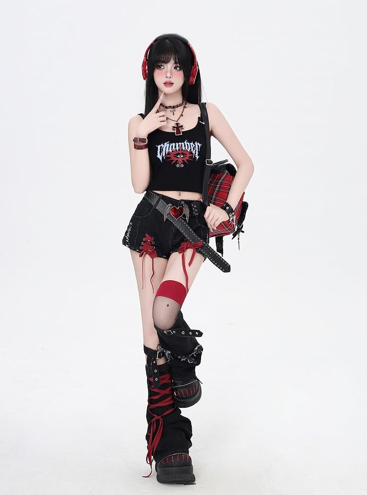 Black and Red Lace-up Details Hem Denim Shorts with Butterfly Applique Leg Warmers