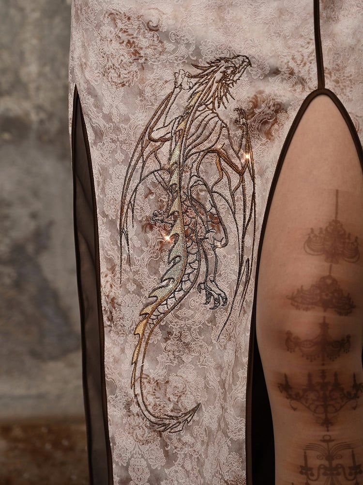 Steampunk Inspired Asymmetrical Sleeves Dragon Embroidery Qipao
