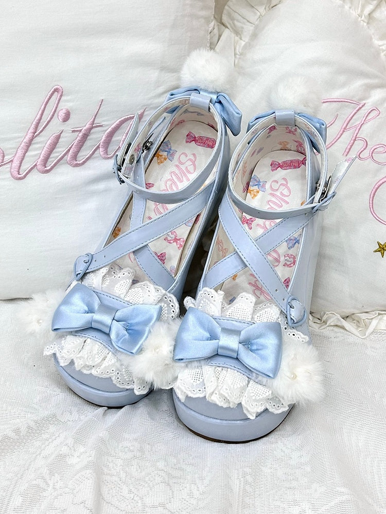 Blue Crisscross Design Plush Bunny Ear Decorated Bow at Top Platforms With Pompon