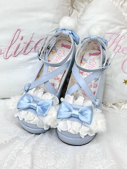 Blue Crisscross Design Plush Bunny Ear Decorated Bow at Top Platforms With Pompon