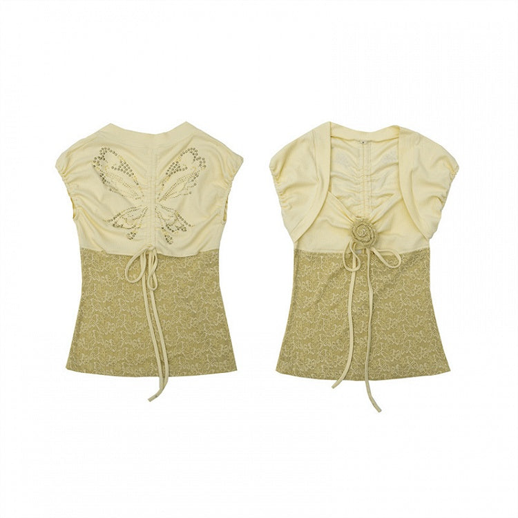 Floral Design Light Yellow Butterfly Jacquard Top