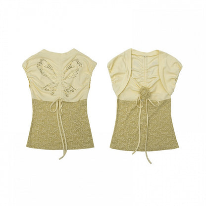 Floral Design Light Yellow Butterfly Jacquard Top