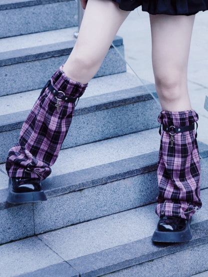 Pins Decorated Black and Pink Plaid Leg Sleeves