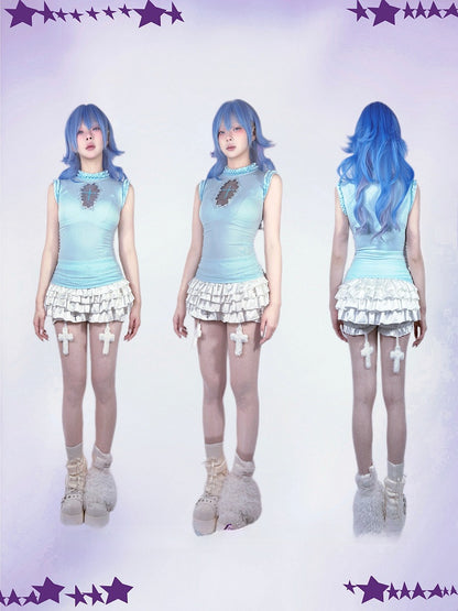 Light Blue Mock Neck Coffin-Shaped Cutout Pastel Goth Sleeveless Top