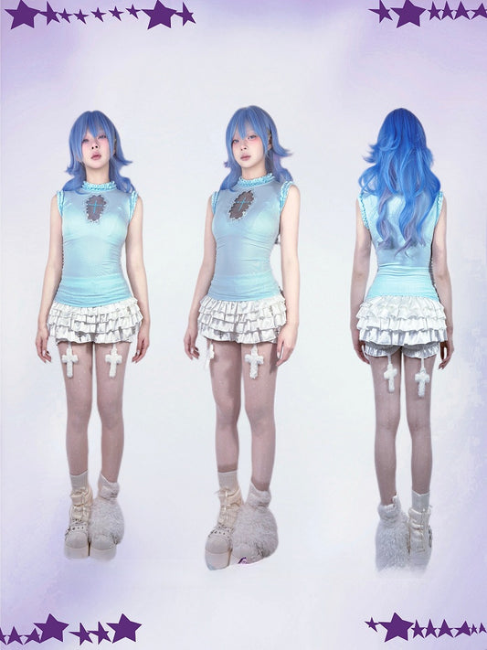 Light Blue Mock Neck Coffin-Shaped Cutout Pastel Goth Sleeveless Top