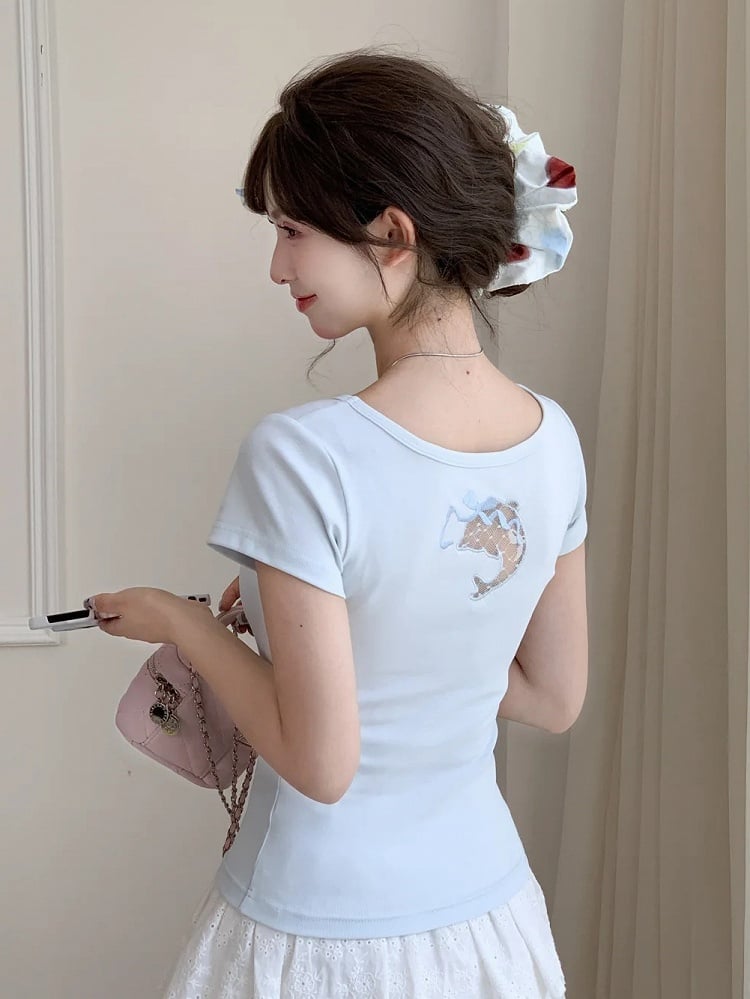 Dolphin-shaped Cutout Back Blue Scoop Neckline T-shirt