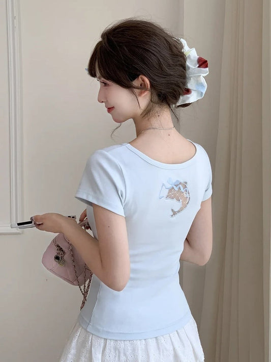 Dolphin-shaped Cutout Back Blue Scoop Neckline T-shirt
