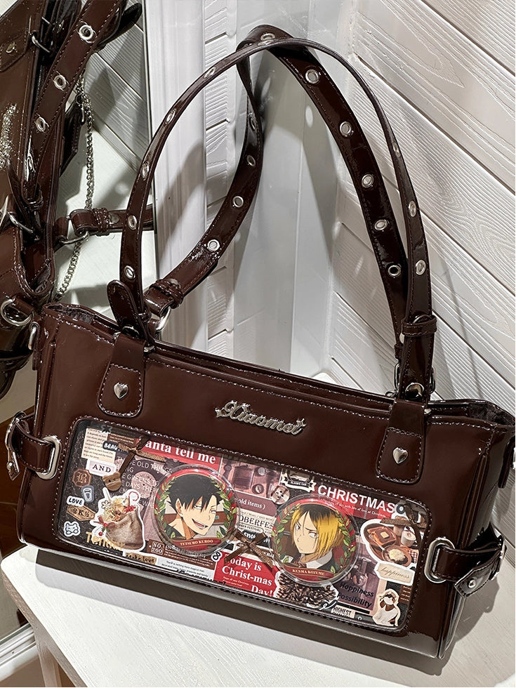 Brown Versatile Transparent-Window PU Leather Ita Bag