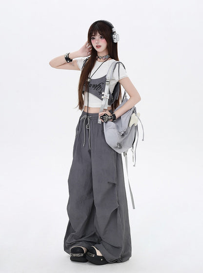 Gray Drawstring Waist Wasteland Punk Pants with Asymmetrical Waist Accessory