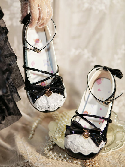 Black Heart Charm Bow at Top Lace Trim Crisscross Design Lolita Shoes