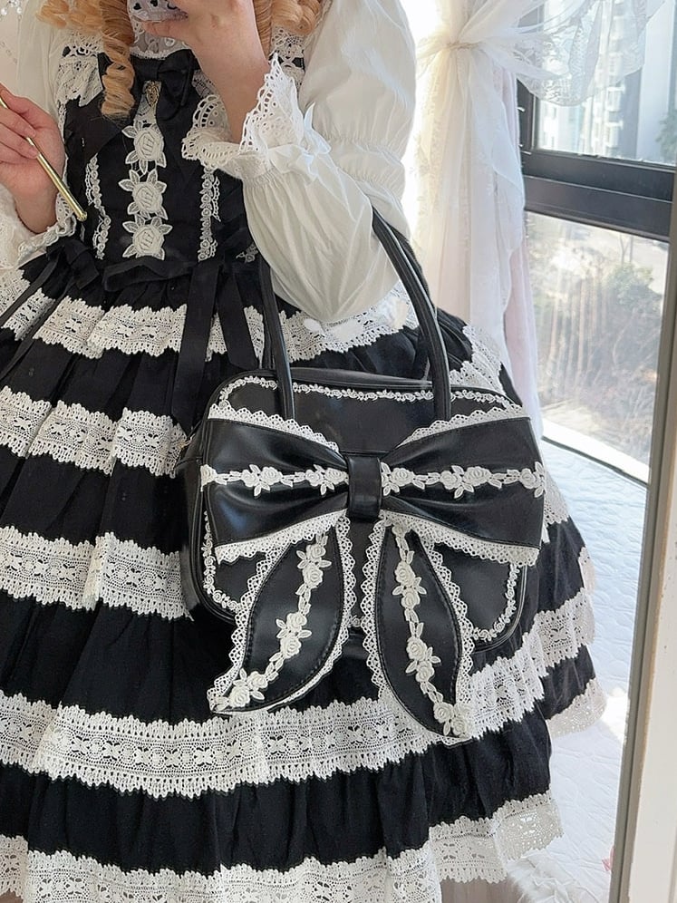 Black Lace Trim Bowknot Design Hand Bag