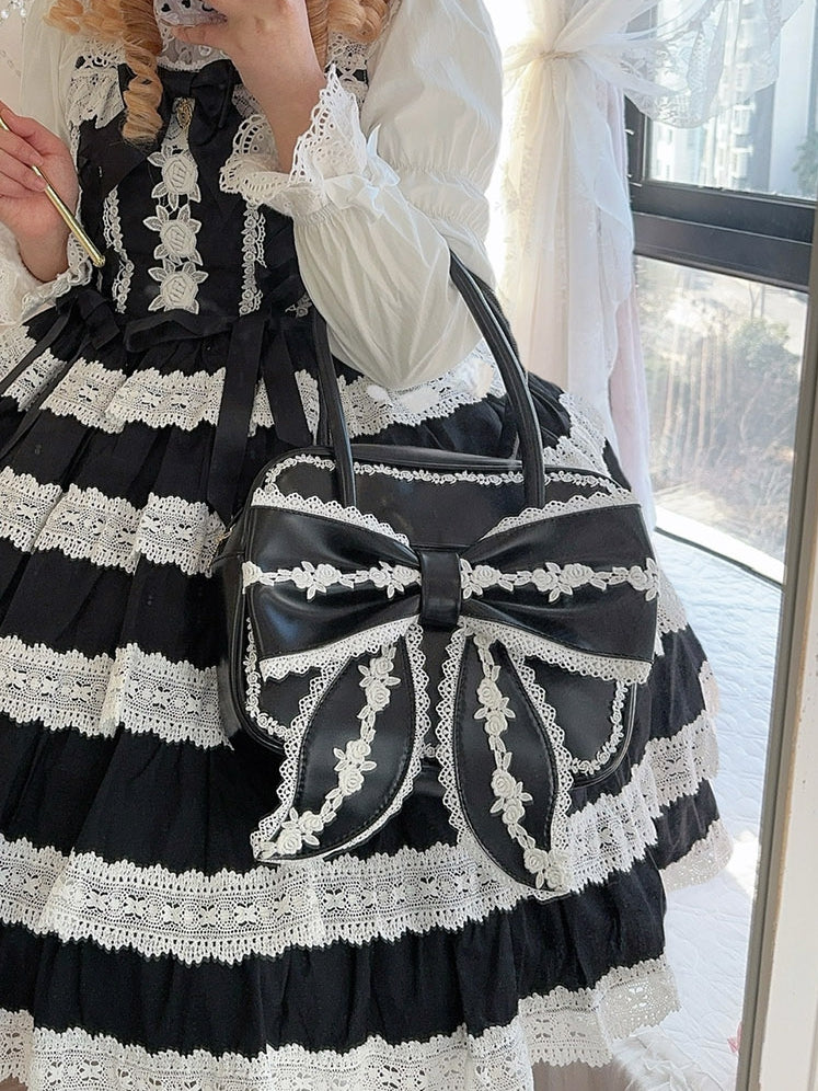 Black Sweet Square Old School Lolita PU Bag with White Lace Trim and Big Front Bow