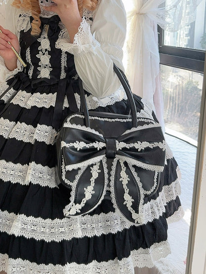 Black Sweet Square Old School Lolita PU Bag with White Lace Trim and Big Front Bow