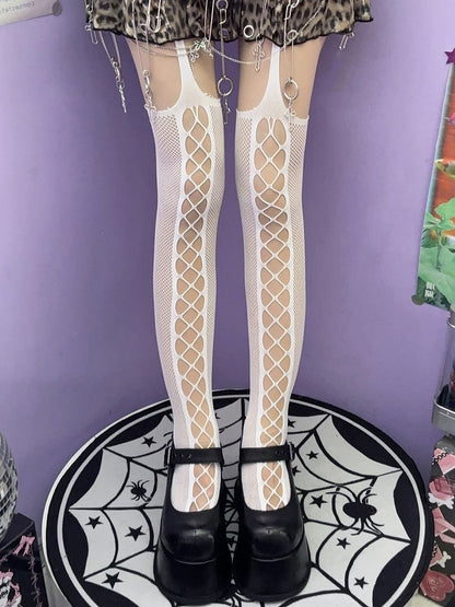Black/Red/White Punk Rock Cut-out Design Suspender Stockings