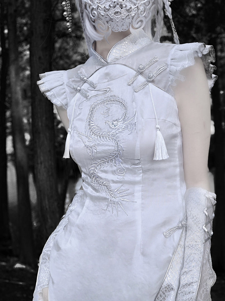 Silver Dragon Embroidery Cheongsam Style Goth Qipao Dress