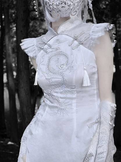 Silver Dragon Embroidery Cheongsam Style Goth Qipao Dress