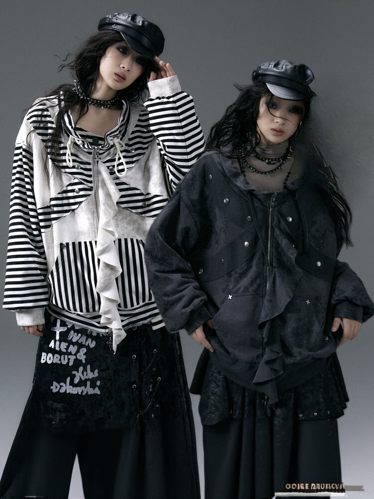 Black&White Stripe/Grey Rose Pattern Jacket with Flounce Hem