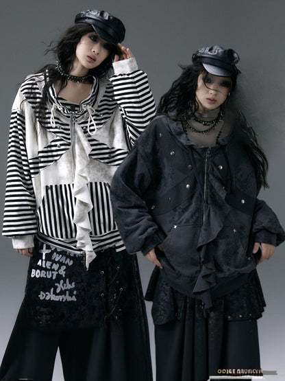 Black&White Stripe/Grey Rose Pattern Jacket with Flounce Hem