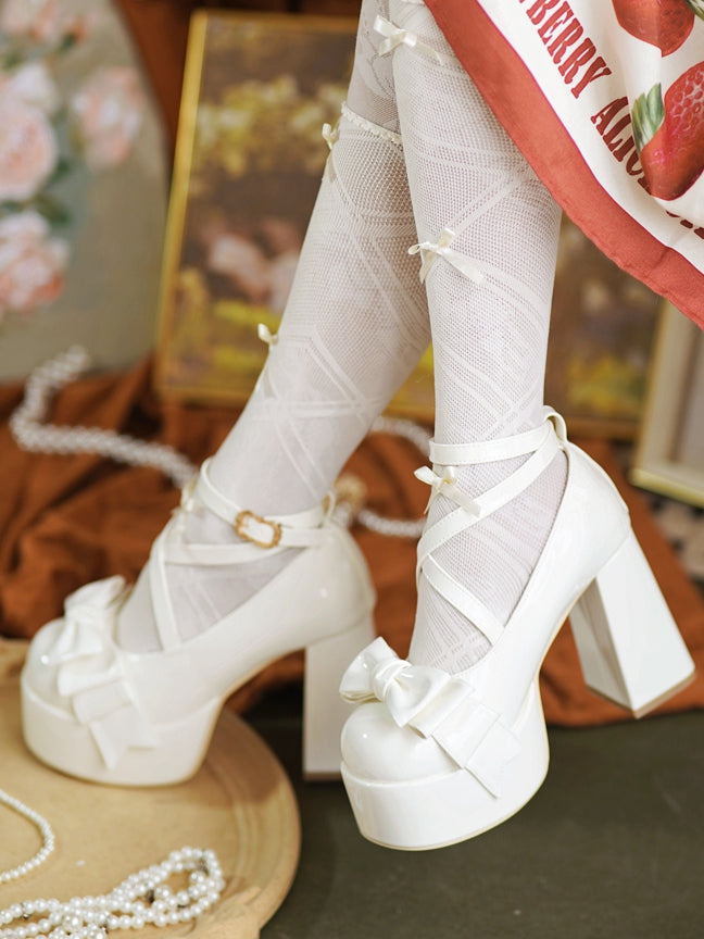 Crisscross Ankle Strap White Bow at Top 11cm High Heels