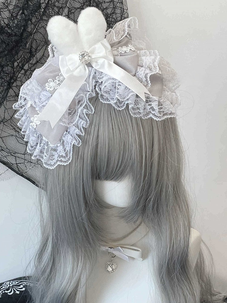 3 Color Options Lace Trim Rhinestone Decorated Detachable Plush Bunny Ear Bowknot KC