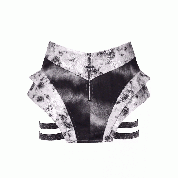 Y3K Fashion Futuristic Black and Silver Low-Waist Side Elastic Bands Cyberpunk Asymmetrical Skort