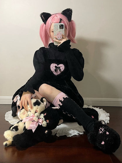 Black Plush Bunny Sweet Lolita Slipons