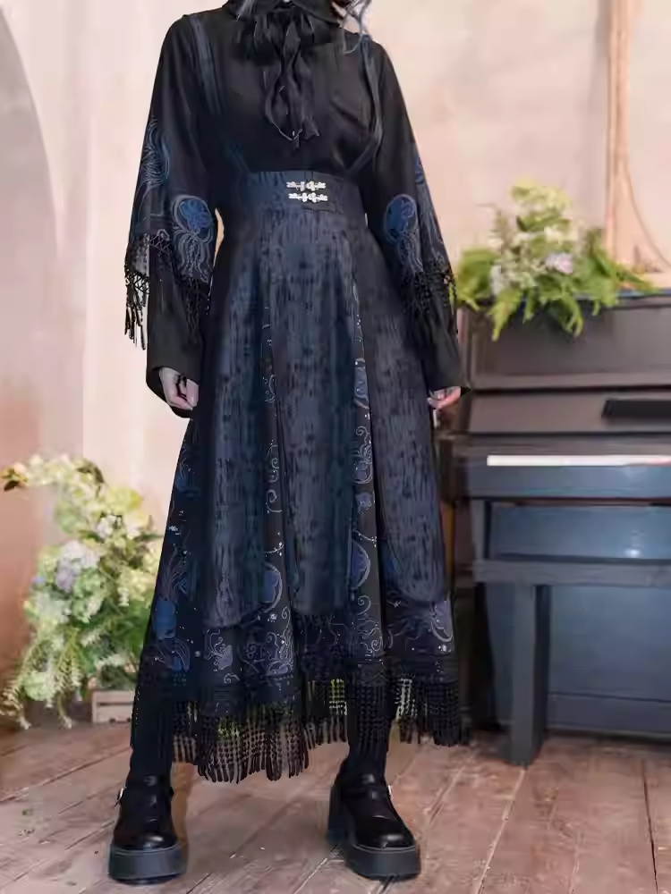 Blue Jellyfish Print Tassel Hem Black Cheongsam Style Skirt Overalls with Detachable Straps