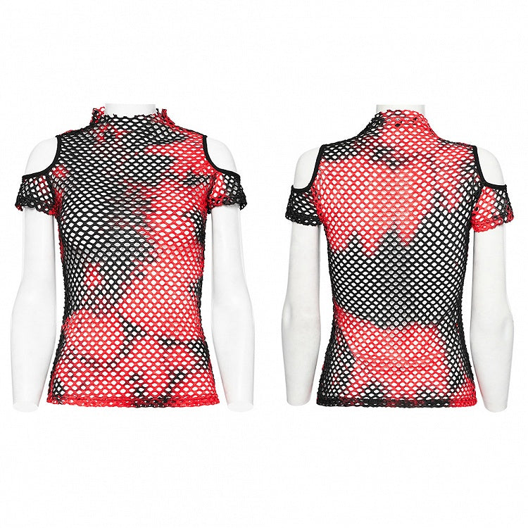 Black and Red Punk Tie-dyed Mesh Short Sleeve T-shirt