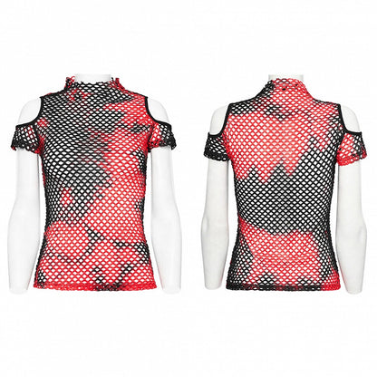 Black and Red Punk Tie-dyed Mesh Short Sleeve T-shirt