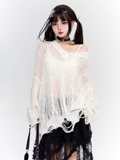 White V-neck Distressed Holes Hollow-out Coverup