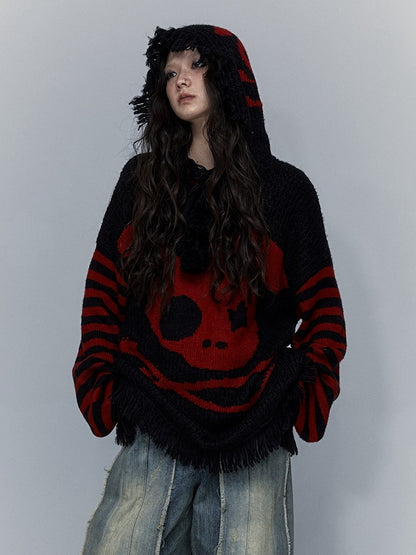 Black and Red Skull Bunny Punk Loose Hooded Sweater with Striped Sleeves