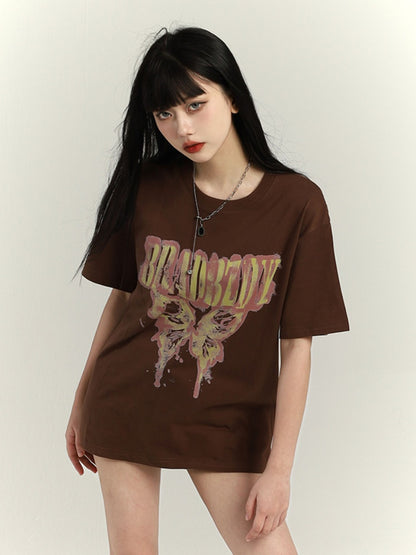 Dark Gray/Brown/Black/White Butterfly Print Vintage Loose T-Shirt