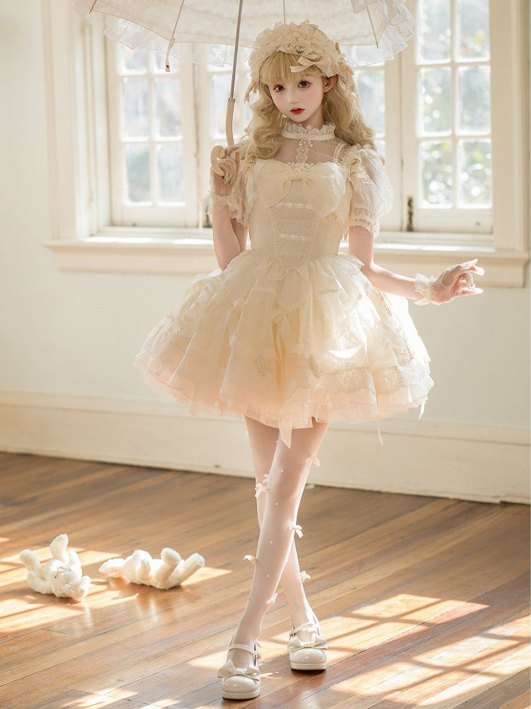 Creamy White Princess Basque Waist Lolita Dress Beads and Ribbon Bows on Skirt
